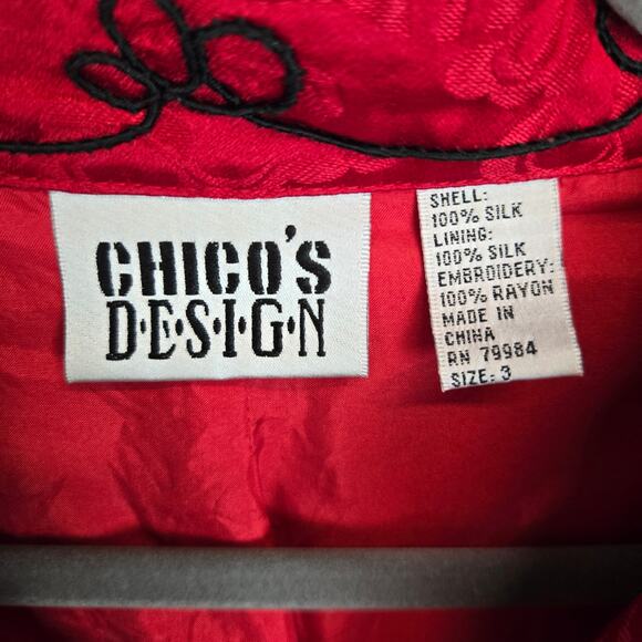 Chico's Red 100% Silk Jacket Black Embroidery Size 3 (XL) Asian Inspired Print - Picture 4 of 10